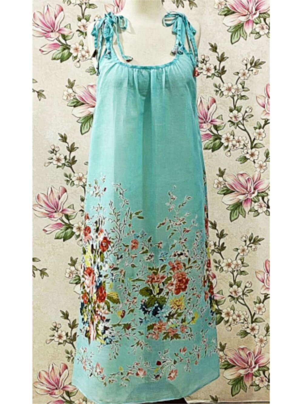 SoieRose Aqua Floral Cotton Boho Tie Shoulder Sundress - SR-1312